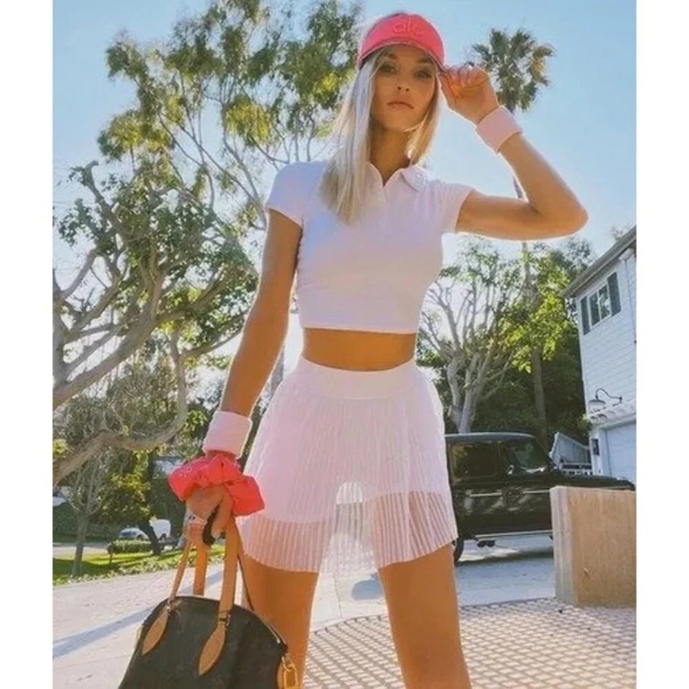 Alo Mesh Flirty Tennis Skirt White Sheer Transparent See-Through Pleated Skort